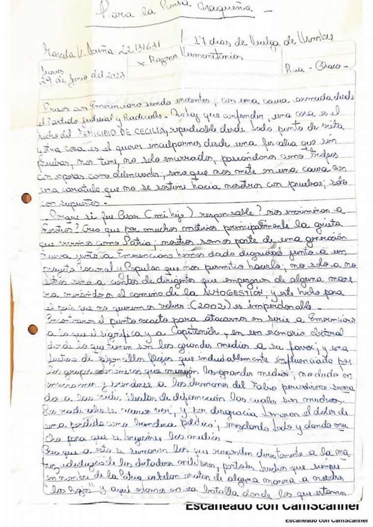 La carta de Acuña, en la que apunta contra su hijo y se define como presa política.