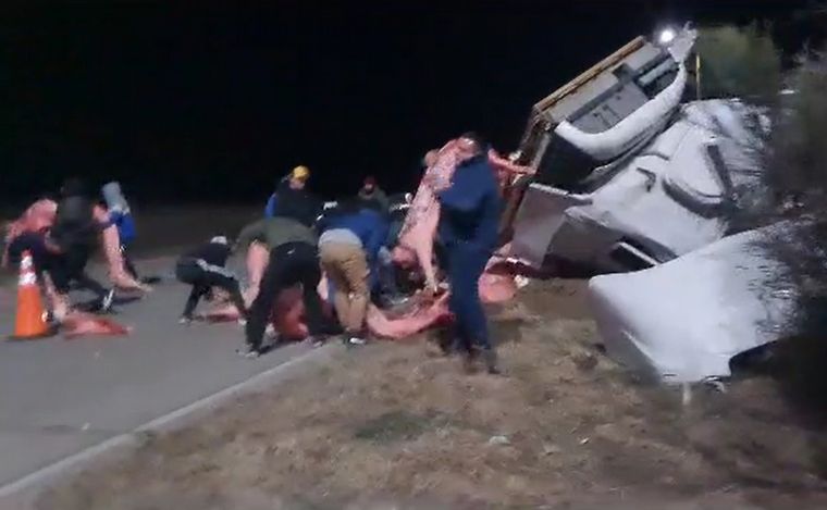 Volcó un camión con carne en San Luis: vecinos se llevaron todo lo que pudieron.