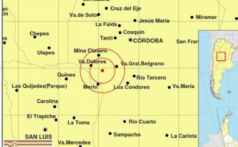 FOTO: Un temblor de 3,4° se sintió en Córdoba y San Luis. (Foto: Inpres)