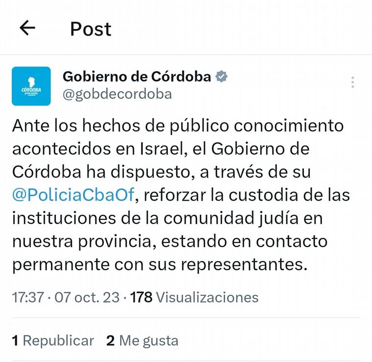 FOTO: La respuesta del Gobierno de Córdoba al ataque a Israel.