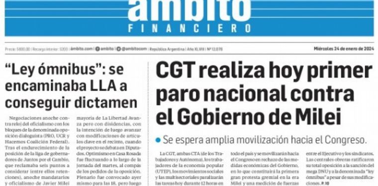 La portada de Ámbito Financiero.