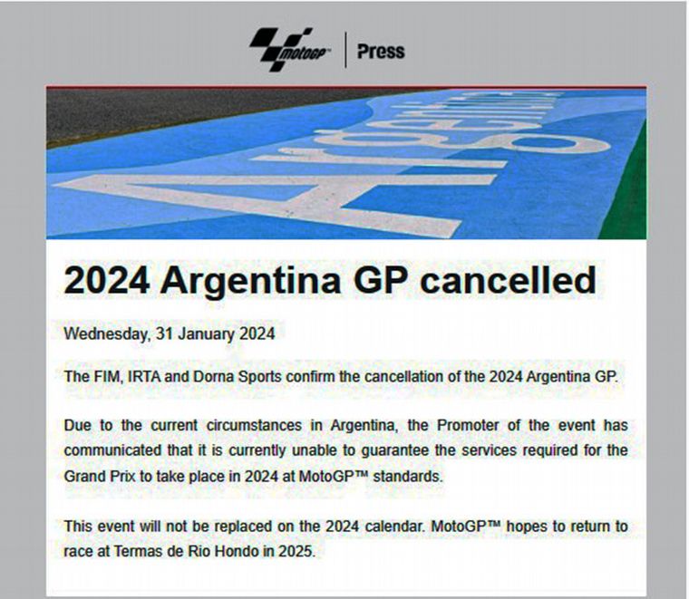 FOTO: Comunicado de DORNA sobre el GP de Argentina.