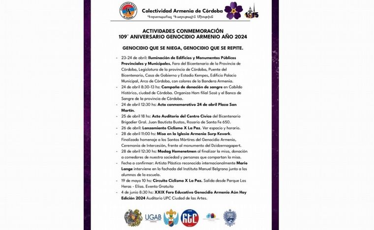 Actividades en Córdoba para conmemorar otro aniversario del Genocidio Armenio.