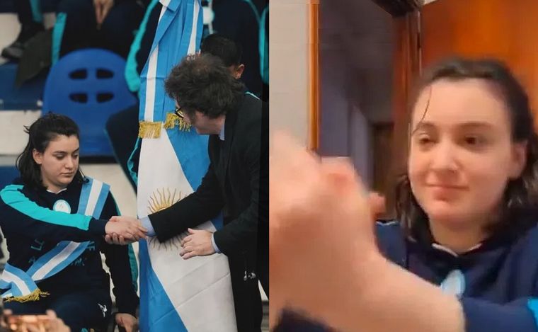 Coty Garrone; durante y después de darle la mano a Milei.