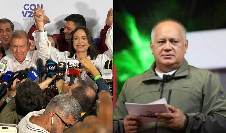 Edmundo González Urrutia y Corina Machado (izq.) y Diosdado Cabellos (der.).