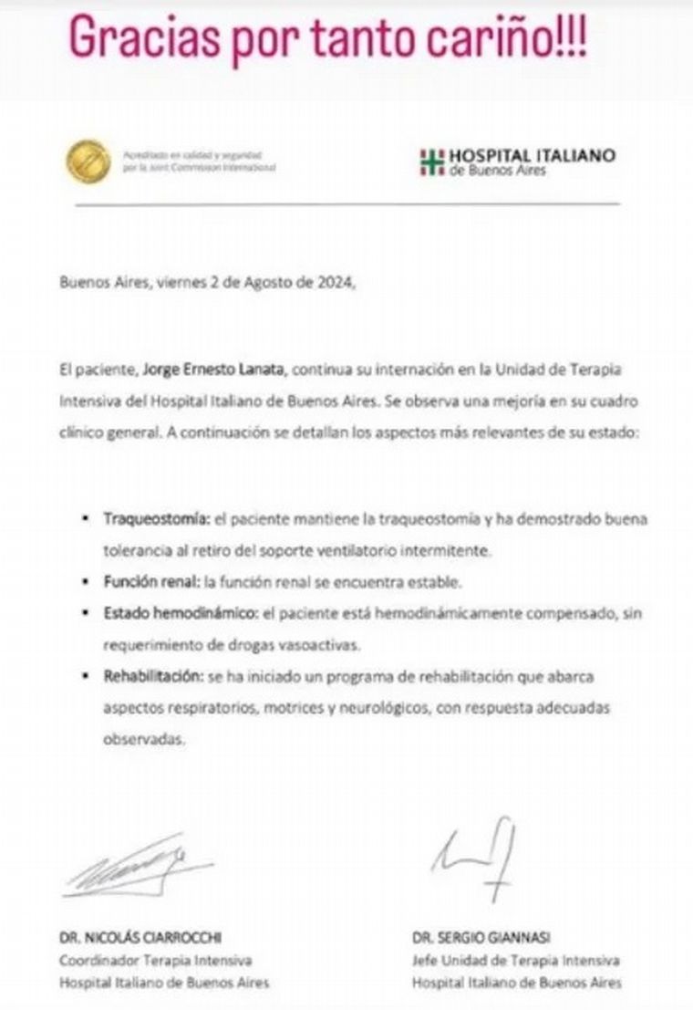 Cuál es el último parte médico de Jorge Lanata