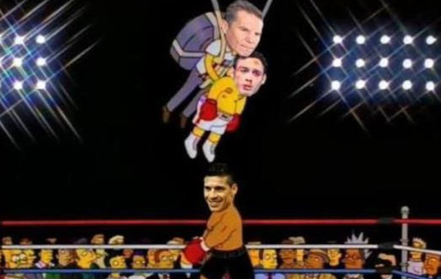 Los tipicos afiches con gastadas del fútbol se trasladaron al boxeo.