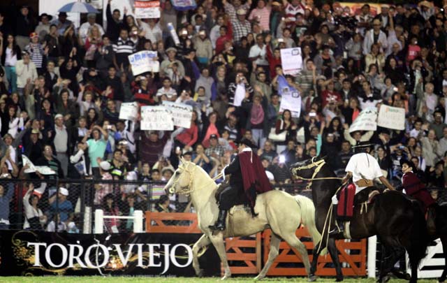 Montado en un caballo blanco, el Chaqueño entra al predio.