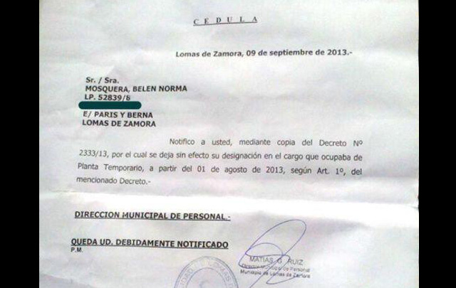 Cédula de despido de Belén Mosquera