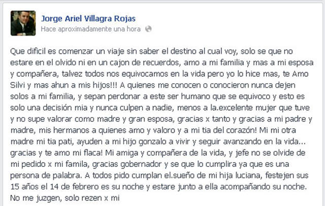 El mensaje que Villagra publicó en su cuenta de Facebook.
