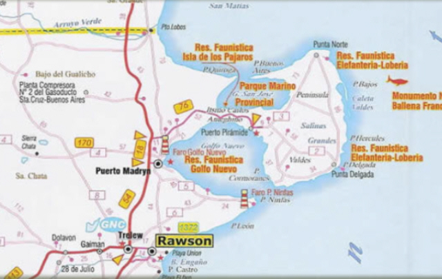 Mapa de Península de Valdés, en la provincia de Chubut. 