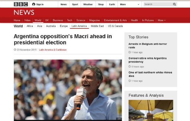 Macri electo presidente en el portal de la BBC.