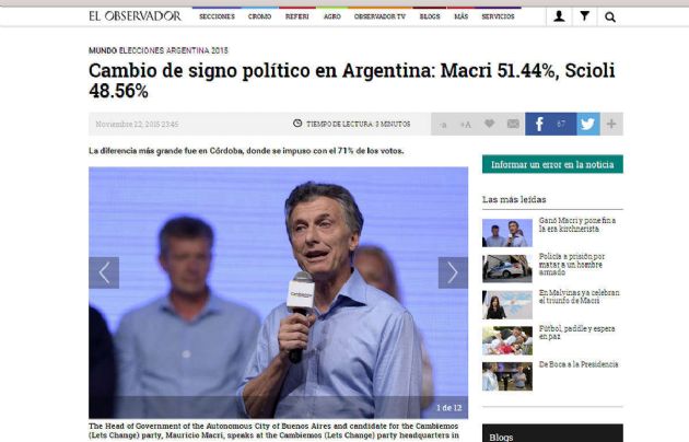 FOTO: Macri electo presidente en el portal de la BBC. 