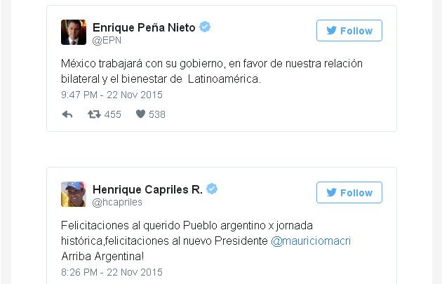 Dirigentes internacionales saludaron al presidente electo.