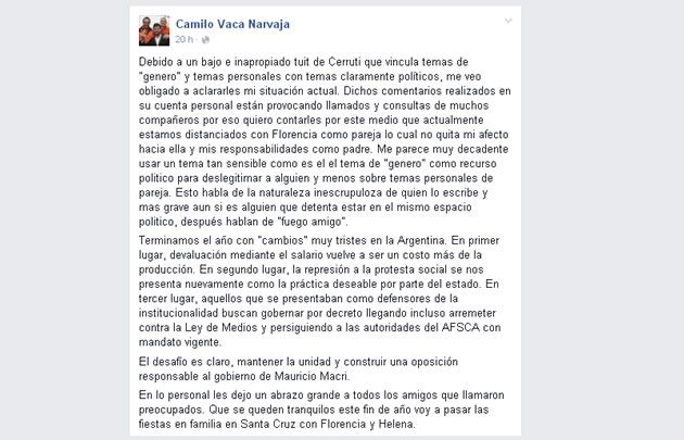 Mensaje de Vaca Narvaja en Facebook.