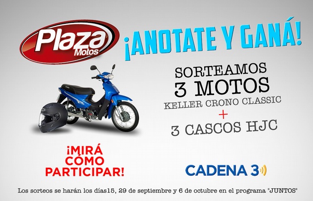 Plaza Motos y Cadena 3 te regalan 3 motos con sus cascos.