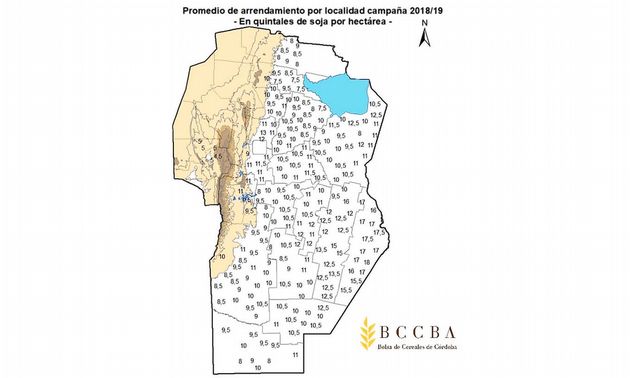 Promedio de arrendamiento por localidad campaña 2018/19 - En quintales de soja.