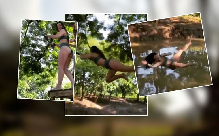 Una joven 'levita' cuando cae al agua desde un columpio