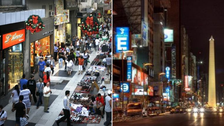 Las neurálgicas calle Florida y avenida Corrientes en Capital Federal.