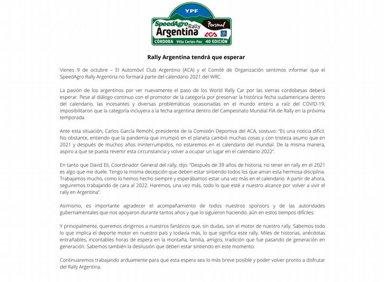 El comunicado de la organización del Rally de Argentina