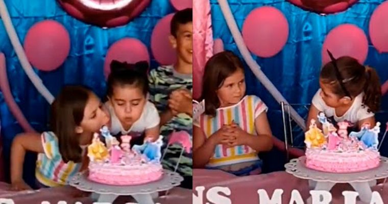 Pelea de hermanas por apagar la vela de cumpleaños.
