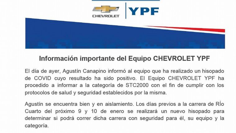 El Comunicado oficial del equipo CHEVROLET YPF sobre el positivo de Canapino.