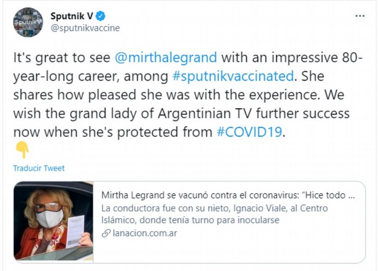 La cuenta oficial de Sputnik V felicitó a Mirtha Legrand