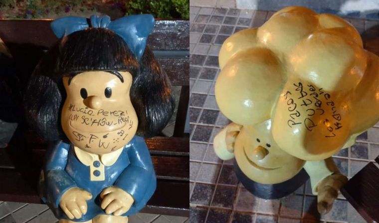 Así lucen las esculturas de Mafalda y sus amigos tras ser vandalizadas