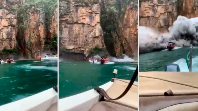 Una enorme roca cayó sobre lanchas con turistas en Brasil.