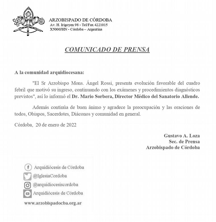 El arzobispo Ángel Rossi evoluciona favorablemente