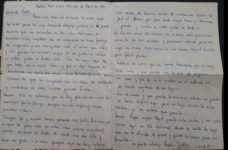 La carta del excombatiente, Julio Montilla, hermano de Raúl Monti, desde Malvinas