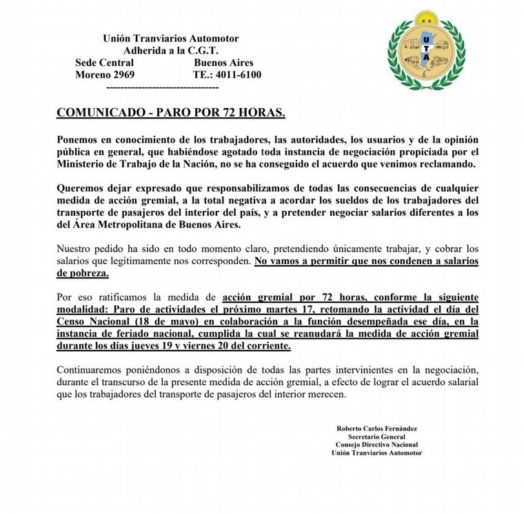 El comunicado de la UTA por la ratificación del paro de transporte. 