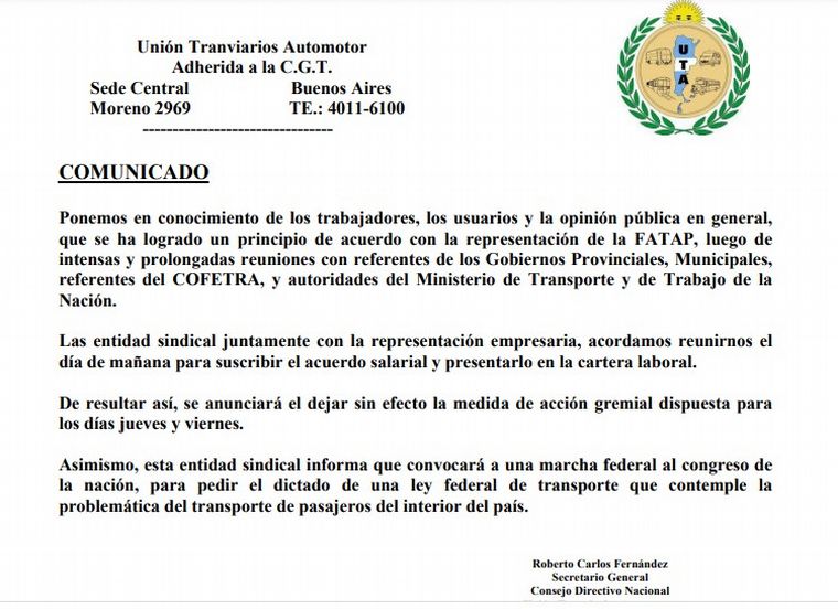 Principio de acuerdo para levantar el paro de transporte. El comunicado de UTA.