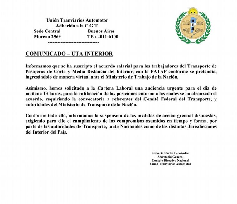 El comunicado de UTA por la ratificación del levantamiento del paro de transporte. 