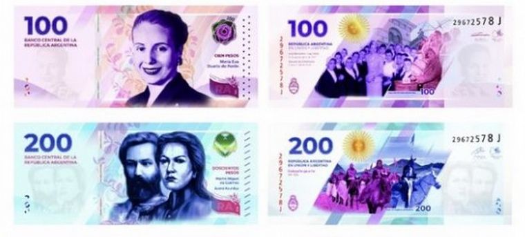 FOTO: Los nuevos billetes argentinos presentados este lunes.