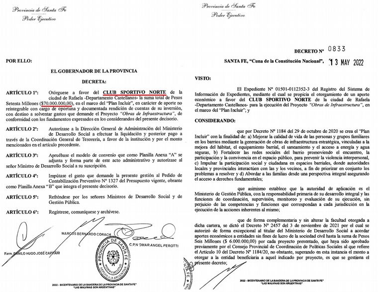 El decreto mediante el cual Perotti envió una suma millonaria al club de Rafaela