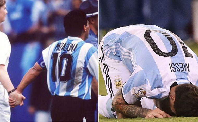 Maradona en el 94 y Messi en 2016, protagonistas de momentos tristes.