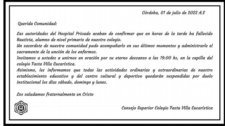 Comunicado del colegio tras la muerte de Bautista.