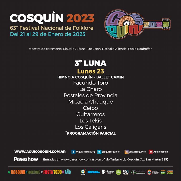 FOTO: La grilla de artistas para el Festival Nacional del Folklore de Cosquín 2023.