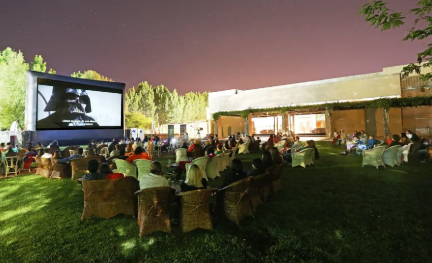 Atardecer entre viñedos, disfrutando una copa de buen vino y una película.ícu.a