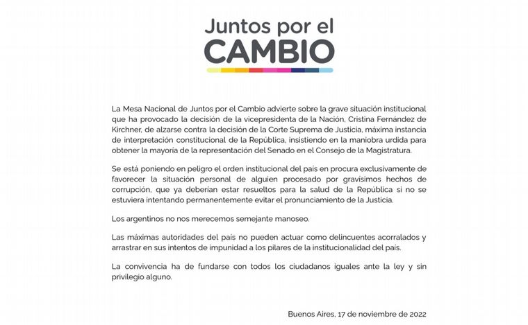 FOTO: JxC repudió la decisión de Cristina Kirchner de desoír el fallo de la Corte.