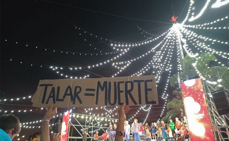 Rosario: hubo manifestantes ecologistas en el encendido del árbol de Navidad. 