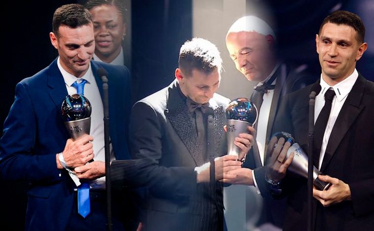 Scaloni, Messi y Martínez, campeones del mundo y mejores del planeta en lo suyo.