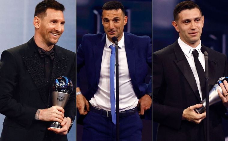 FOTO: Scaloni, Messi y Martínez, campeones del mundo y mejores del planeta en lo suyo.