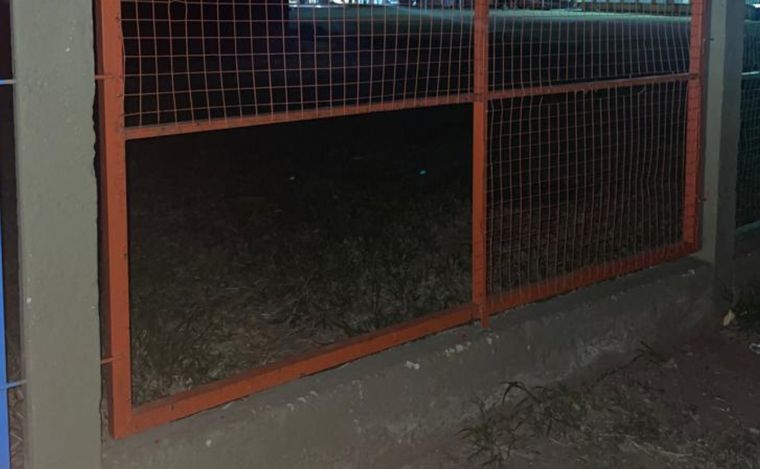 El portón con el paño de malla metálica faltante.